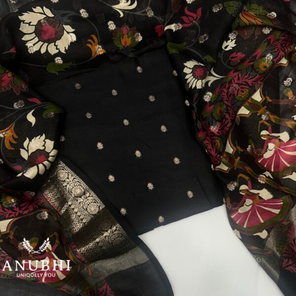 MAHESHWARI SILK   “Make a Statement with flair in our Embroidered Maheshwari Silk suit  perfectly paired with a delightful Hand Block printed Maheshwari Silk Dupatta”