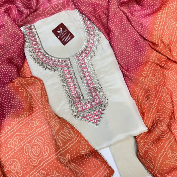 EMBROIDERED SHIMMER SILK✨  “Make a Statement with flair in our Embroidered Shimmer Silk suit set perfectly paired with a delightful Embroidered Shimmer Bandhani Dupatta”🌟