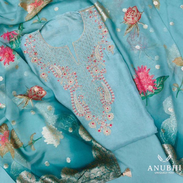 Embroidered Silk🌟🩵  “Step into timeless elegance with this beautiful Embroidered Silk suit set paired with a stunning Embroidered Silk Dupatta”