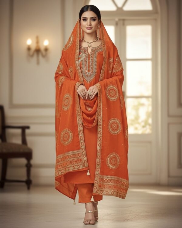EMBROIDERED SILK 🧡✨  Adorn this beautiful Embroidered Silk suit with a matching embroidered silk dupatta for a touch of timeless grace.✨