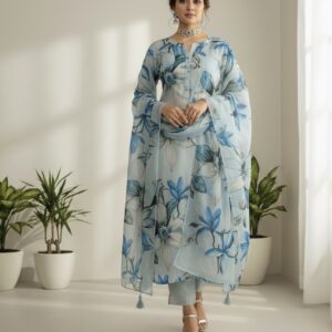 MULL CHANDERI🌟  “Step into timeless elegance with this beautiful floral printed Mull Chanderi suit set paired with a stunning Mull Chanderi Dupatta”♥️