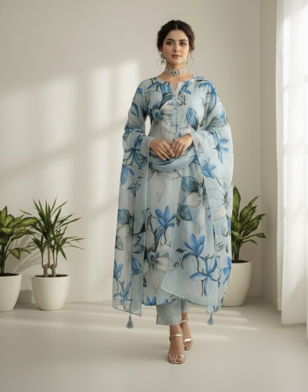 MULL CHANDERI🌟  “Step into timeless elegance with this beautiful floral printed Mull Chanderi suit set paired with a stunning Mull Chanderi Dupatta”♥️