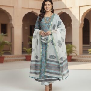COTTON🦋✨  “Journey through the vibrant lanes of tradition with this printed cotton suit set, harmonized flawlessly with a graceful Kota Doria dupatta” ✨