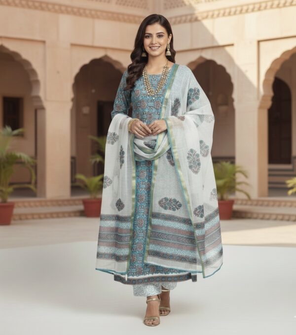 COTTON🦋✨  “Journey through the vibrant lanes of tradition with this printed cotton suit set, harmonized flawlessly with a graceful Kota Doria dupatta” ✨