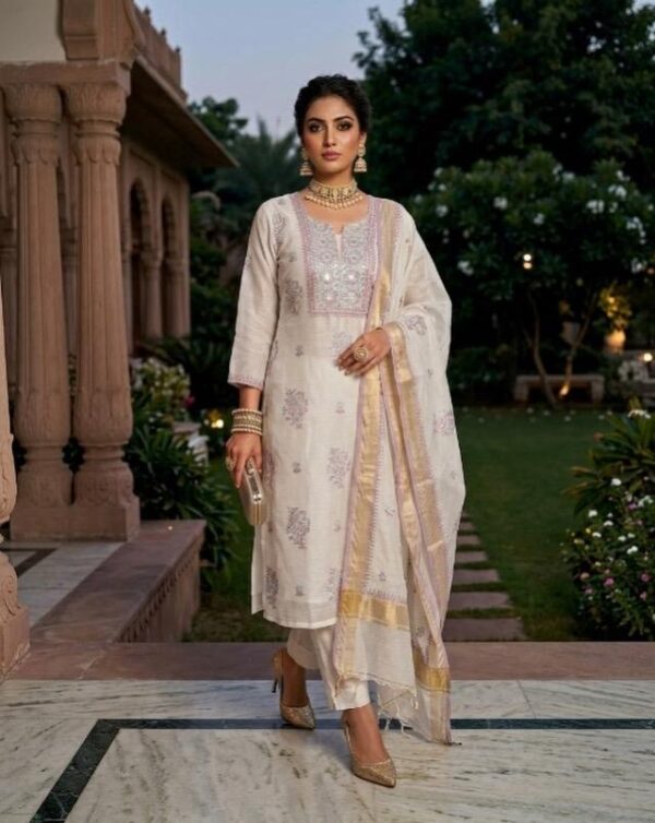 LUCKNOWI ✨🫶  Enhance your style with this beautiful Mull Chanderi Lucknowi Pearl Embroidered suit ,perfectly paired with an embroidered Mull Chanderi dupatta.   Simple elegance for any occasion! 🌟